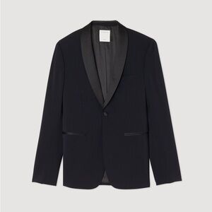 SANDRO Black Nocturne Tuxedo Suit Jacket Size 48 Wool / Leather